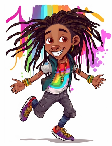 cute cool happy black boy with wild colorful dreadlocks, jumping, chibi style, jewelry, hip hop clothing, hands in pocket, clipart, whole body, white background,