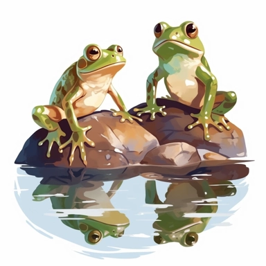 two frogs sitting on a rock, one brownish color, one green, looking into the water with their reflection staring back, reflections in the water show in scenery too clipart vector, put the correct of fingers an toes