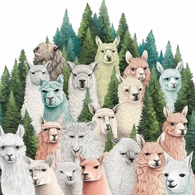 • collage quirky cool collage forest alpaca Vicugna pacos clipart, detailed, clean line, hd, on white background, spaced out