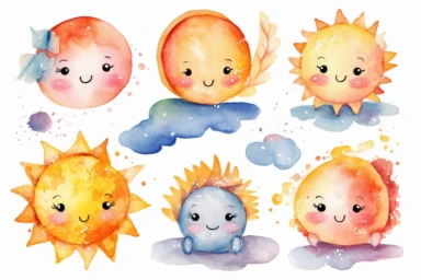 6 adorable watercolor cute sun and summer illustration for kids clipart, hd, isolated on white background, spaced out