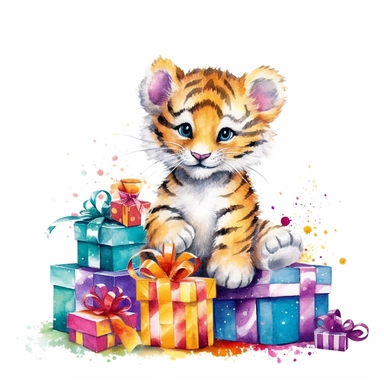 please create watercolor clipart of a baby tiger, smiling, wearing party clothes with birthday presents, vibrant colors, intricate details, isolated on white background, vivid colors, hdr, 8k