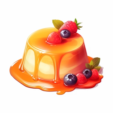Panna Cotta: Creamy, custard-like dessert served with fruit or caramel sauce, watercolor clipart illustration, flat blank transparent background, food photography, soft cinematic lights, juicy, bright, high quality, ultra detailed, 32k