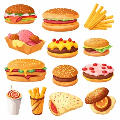 fastfood, clipart set, pizza, donut, hot dog, hamburger, cheeseburger, ice cream, popcorn, isolated on white background
