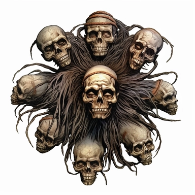 several voodoo shrunken heads tied together by their hairs in a circular formation, calm expression, shrivelled skin, pastel, photorealistic, hyper realistic, ultra high-detail, dark outlines, white background, clipart,