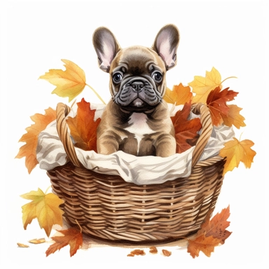 french bulldog puppy in basket with leaves, watercolor illustration, clipart, full body, hyper-realistic animal illustration, childlike, free brushwork, white background