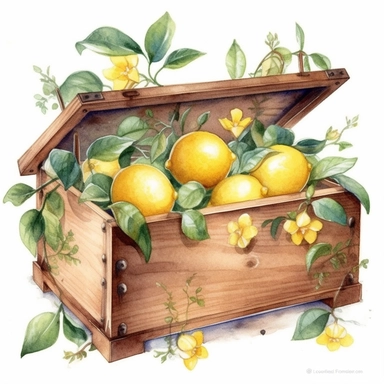 watercolor lemons in wooden case with lemon flowers clipart, lemons outside the wooden case, fresh, on white background, spaced out