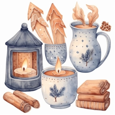 Watercolor set clipart cozy winter hygge. Candle, cone, cookies, garlands, gifts, wooden houses, lantern, mittens, teapot white background
