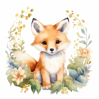 watercolor spring baby fox woodland creature on white backgroung, nursery decor, baby shower clip art, cute and whimsical design