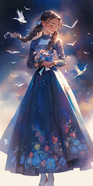 Watercolor beautiful feathers and flowers, stars and universe, beautiful girl, with smile, Full body, face side, fantasy illustration, perfect face, with beautiful face and with stars, beautiful brown hair, beautiful face, love, vintage long dress, vivid vibrant colors, intricate detail, hyper detailed, hyper quality, 32K, unreal engine, isolated on white background, kawaii, clipart, fantasy art