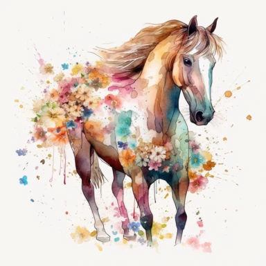 colorful Horse, full-body portrait, in frame, background frame, inside the background frame, (Mustang - Brown with a wild, untamed look), Watercolor Clipart, massive flowers splash, LUSH, flowers splash, full Illustration, ((white background)), 4k, sharp focus, watercolor, smooth soft skin, japanese style, symmetrical, soft lighting, detailed face, concept art, muted colors, watercolor style, children's style fairy tales, Octane rendering, 3d, Perfect face, detailed face, delicate face, perfect 