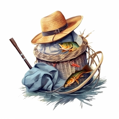 fishing basket And Hat Sublimation Clipart,Cartoon,hyper realistic, intricate detail, illustration style,high solution,on the white background