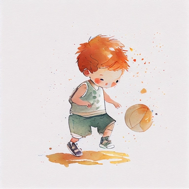 cute adorable boy playing basketball, clear white background, handrawn watercolor graphic clipart, cute Children's Drawing, isolated