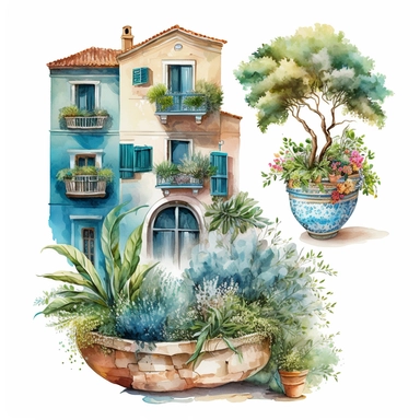 beautiful watercolor clipart of a view of a Mediterranean house in a village with potted plants and italian seascape, warm summer blue, aqua and white hues, compositions on an isolated white background. Bright landscapes illustrations, highly detailed