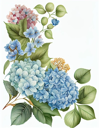 detailed watercolor art of light blue hydrangea flower corner border , isolated on white background, realistic, clipart