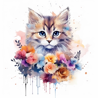 Beautiful colorful kitten on flowers, summer vibes, hand drawing digital art, clean design, sublimation, colorful, watercolor style, white background, 4K, extremely detailed, clipart
