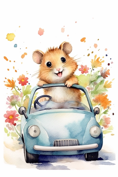 Create a watercolor clipart picture of a hamster driving a car, white background. The hamster should have a cute and happy expression, with its fur depicted in soft watercolor textures. Surround the hamster with small flowers and greenery, adding a whimsical touch to the scene.