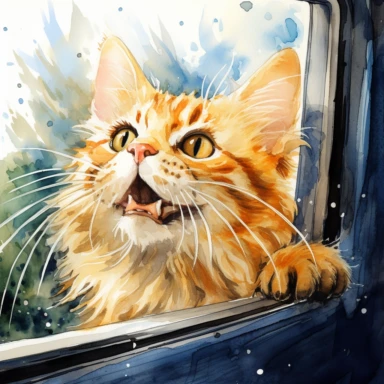 a funny cartoonish style cat sticking his head out the window, watercolor clipart