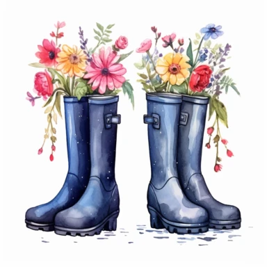 watercolor, Flowers in rubber wellies set. Floral branches, plants with gentle blooms, and leaves in gum boots. Gumboots with delicate summer bouquets png Full body realistic cartoon in 32K UHD cute. 15 cm thick outline. Black color. There was no shadow on the ground. 8k with realistic watercolors and detailed illustrations. PNG clipart, transparent white background