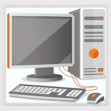 clipart icon flat style with gray and orange colors and white background, desktop computer consist of monitor, keyboard and mouse