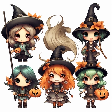 clip art, white background, chibi, set of halloween witches, ar 3:2
