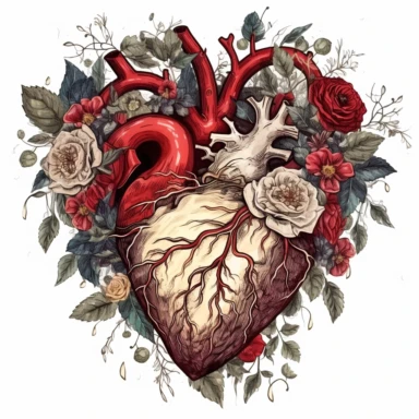 Gothic Floral Heart Clipart, on white background, anatomical Valentine illustrations digital illustrations, a human heart, gothic heart