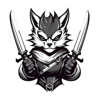 2D Black logo on a white background. Black fox warrior with swords in hands Clipart. NO SHADING. KEEP THE LOGO SIMPLIFIED