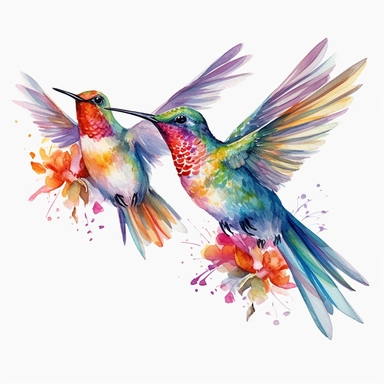 watercolor hummingbirds, high details, intricate details and no color bleed, HD, 8k, solid white background clipart