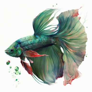 green with red tail betta fish, light watercolor clipart, isolated on white background, James Jean and Peter Mohrbacher, no text, no captions