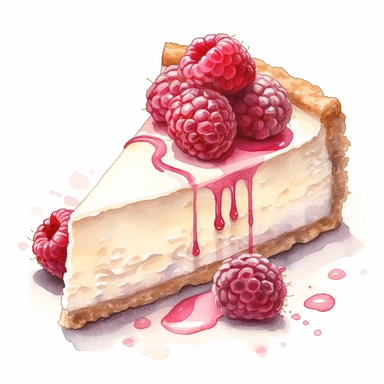 This highly detailed watercolor clipart depicts a heavenly White Chocolate Raspberry Cheesecake on a pristine white background. The artwork showcases the luxurious combination of creamy white chocolate and tart raspberries. The cheesecake is exquisitely rendered with intricate brushstrokes, highlighting its velvety texture and rich flavor. Plump raspberries add a vibrant burst of color, enhancing the visual appeal. Against the clean white backdrop, this clipart exudes an irresistible allure, mak
