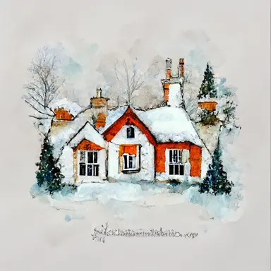 christmas, cute English country cottage, symmetrical, winter, snow, watercolor, clipart