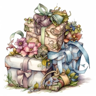 insanely beautiful pile of 3 gift packages , in the style of beatrice potter and jody Bergsma,32k uhd, hand-painted details, pastoral illustrations, amazing colour combinations , aquarellist, hd , white background clipart ,-- no watermark--ar 27:37