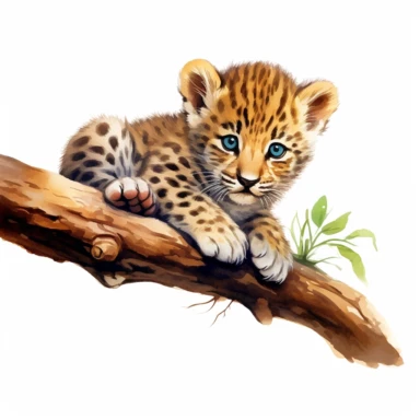 cute leopard cub, resting on a tree limb, bold colors, clipart, on a white background