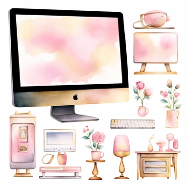 handpaint, iMac clipart,devices icon set, isolated white background, single design, sharp, bold , sweet pink, cream pastel, gold, hand-painted watercolor