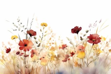 enchanted MAROON AND DUSTY YELLOW flower FIELD WATERCOLOR HAND PAINTED clipart, GREEN WILD LEAVES BETTWEEN FLOWERS AND IN THE BACK, WATERCOLOR AIRY PASTEL COLORS, VISIBLE WATERCOLOR BRUSH TOUCHES, DREAMY AND ELEGANT, COLORFUL DREAMY FLOWERS, white background, WATERCOLOR 8k,