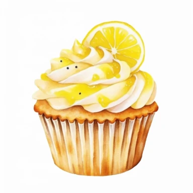 watercolor sweet lemon cupcake clipart, white background