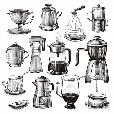Alternative coffee brewing methods and tools cliparts. Set of coffee machine, hario, utensils, french press, moka, cup, kettle icon. Hand drawn isolated elements for cafe, menu, coffee shop
