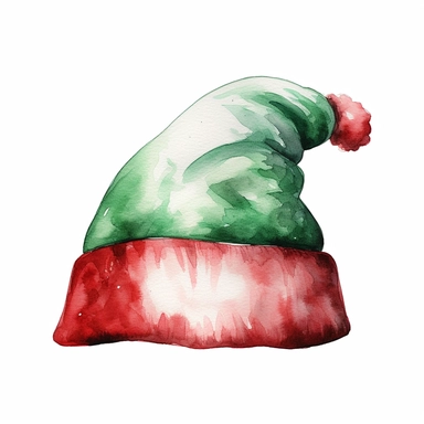 watercolor vintage unique realistic red and green santa hat, clipart, red and green color scheme, photorealistic, vector, on white background, hd