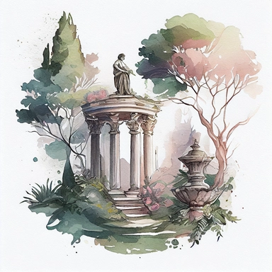 Generate a series of watercolor illustrations of a magical Greek castle garden. The illustrations should feature a magical and fantasy atmosphere, with a focus on the lush greenery, vintage roses, greek statues, and a fountain. The illustrations should have a realistic watercolor style and should be suitable for use as clipart in various design projects. The background should be transparent, and the illustrations should be single images. The illustrations should be suitable for use in design pro