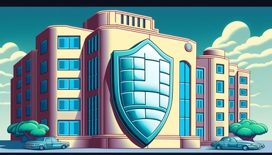 cyber defense shield infront of building 1990s clipart style