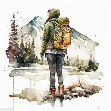 water color girl hiking in Austria between high mountains in winter, there is snow, she is wearing boots and backpack, realistic look, with trees at yellowstone park, clipart, hd, white background