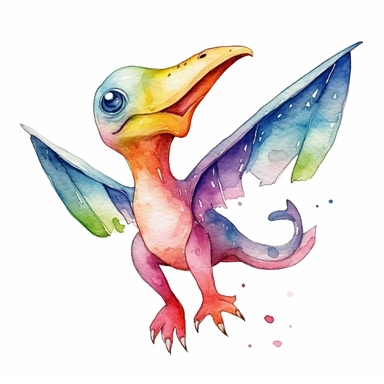 watercolored pterodactyl clipart, funny and friendly, silly and playful dinosaur, colored, white background