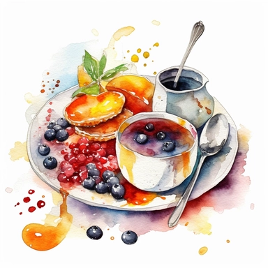 Design a watercolor clipart of a delicious meal, complete with plates, cutlery, and steam rising from the food, white background