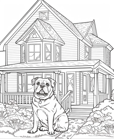 expert coloring page ultra-realistic English Bulldog clipart, simple house background, masterpiece line art, line is crisp and clean, easy to color,