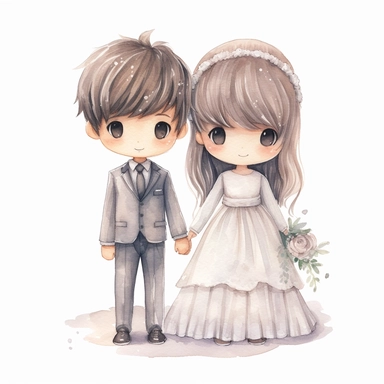 full body Little bride and groom, Watercolor Clipart, strybk, full Illustration, 4k, sharp focus, watercolor, smooth soft skin, symmetrical, soft lighting, detailed face, concept art, muted colors, watercolor style, strybk, children's style fairy tales, chibi kawaii, . Octane rendering, 3d. Perfect face, detailed face, delicate face, perfect sharp lips, detailed eyes. Craig Davison, Aubrey Beardsley, Conrad Roset, Aikut Aidogdu, Agnes Cecil, watercolor style