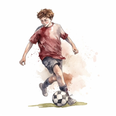 Watercolour of a teenage boy playing football , Clipart,Cartoon,hyper realistic, intricate detail isolated on a white background, high quality, sublimation, detailed, cartoon style