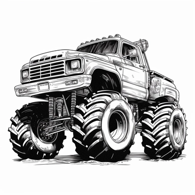 black and white monster truck clipart, 2d vector , sharp resolution, white background