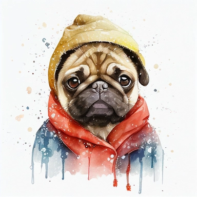 watercolor cute style, cute pug in christmas winter coat, christmas head, smiles, cute, pug in red ears, it's snowing, white background, clipart