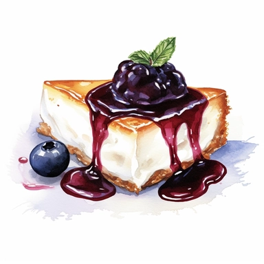 cheesecake with blueberry sauce drizzled over whip cream, clipart, white background