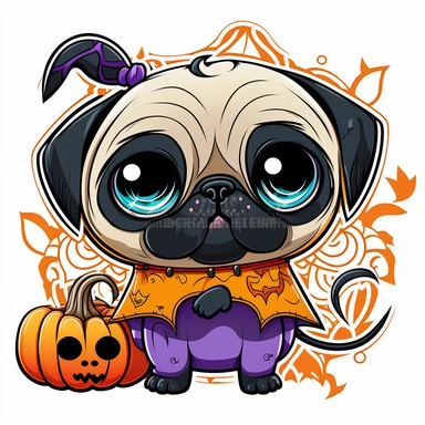 halloween pug colourful anime manga kawaii cute vibrant clipart vivid, white background