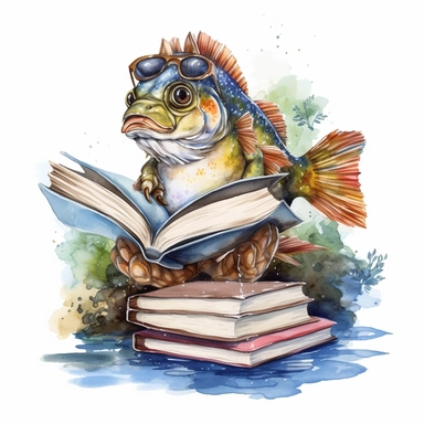 Clipart on white backgraund funny bass fish with glasses reads a book in the lake water color